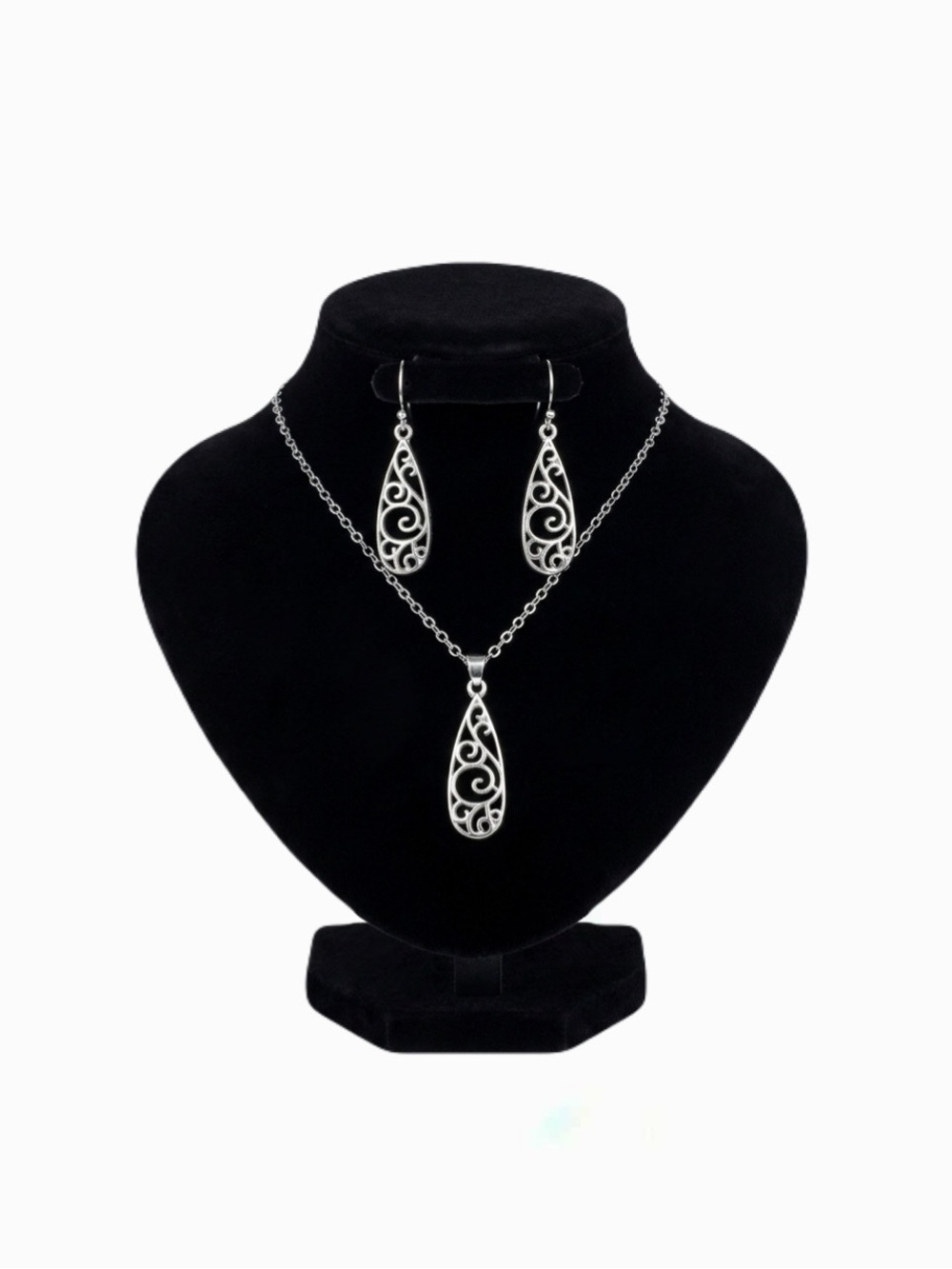 New Boho 3pcs Floral Hollow Out Sterling Silver Water Drop Decor Jewelry Set